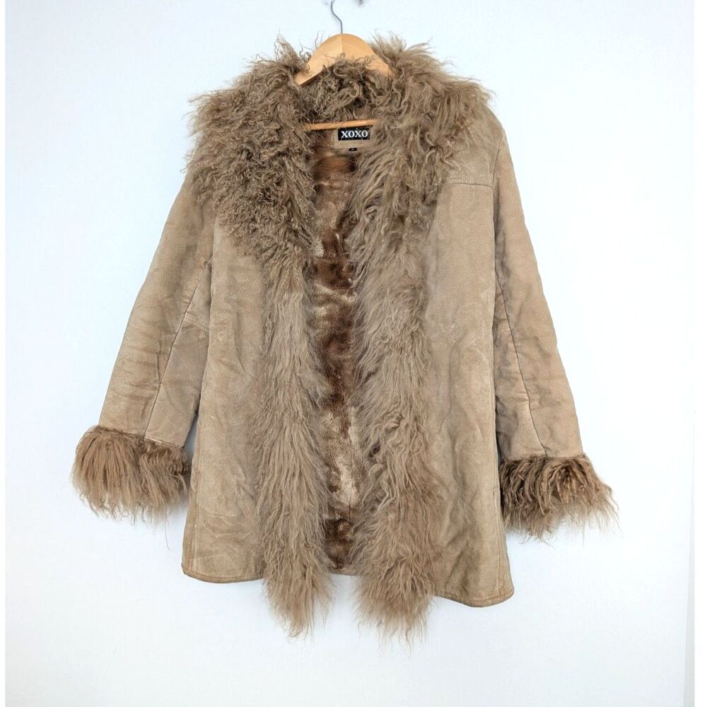 Vintage Real Leather Fur Trim Tan Penny Lane Longline Coat Jacket Sz S XOXO